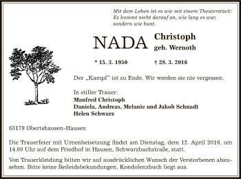 Traueranzeige von Nada Christoph von Offenbach