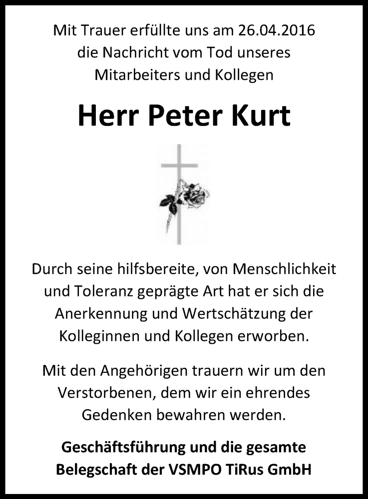  Traueranzeige für Peter Kurt vom 30.04.2016 aus Offenbach