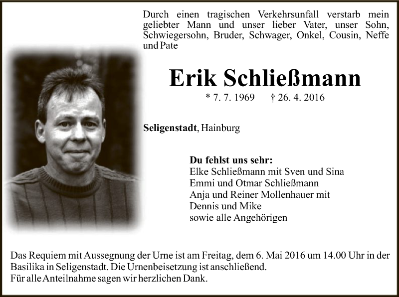  Traueranzeige für Erik Schließmann vom 30.04.2016 aus Offenbach