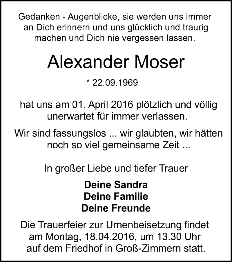  Traueranzeige für Alexander Moser vom 14.04.2016 aus Offenbach