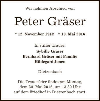 Traueranzeige von Peter Gräser von Offenbach