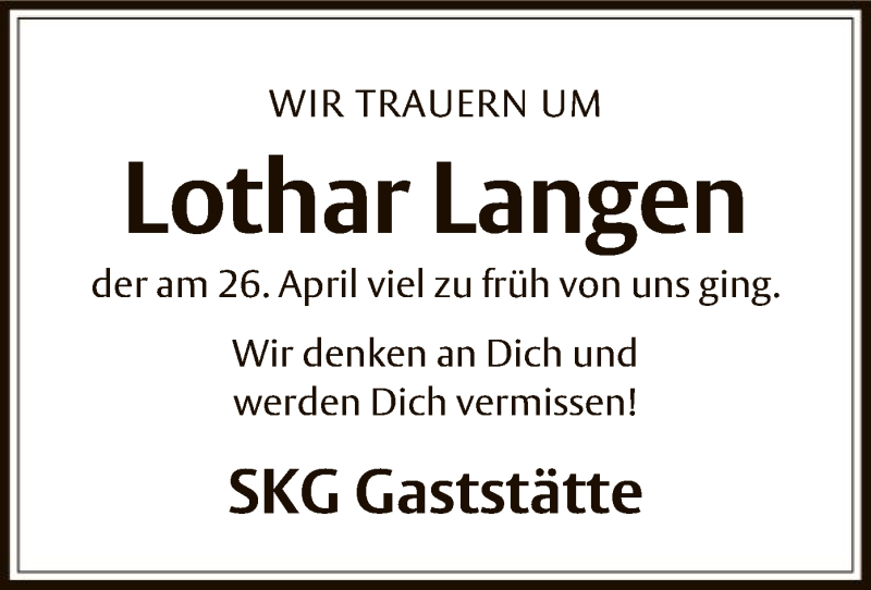  Traueranzeige für Lothar Langen vom 04.05.2016 aus Offenbach