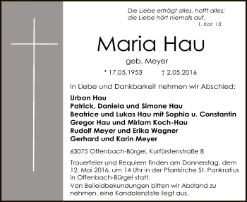 Traueranzeige von Maria Hau von Offenbach