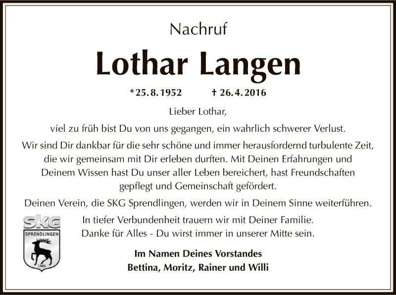  Traueranzeige für Lothar Langen vom 04.05.2016 aus Offenbach