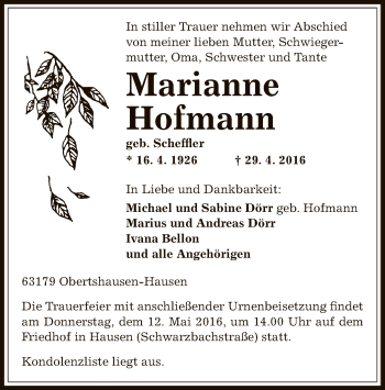 Traueranzeige von Marianne Hofmann von Offenbach