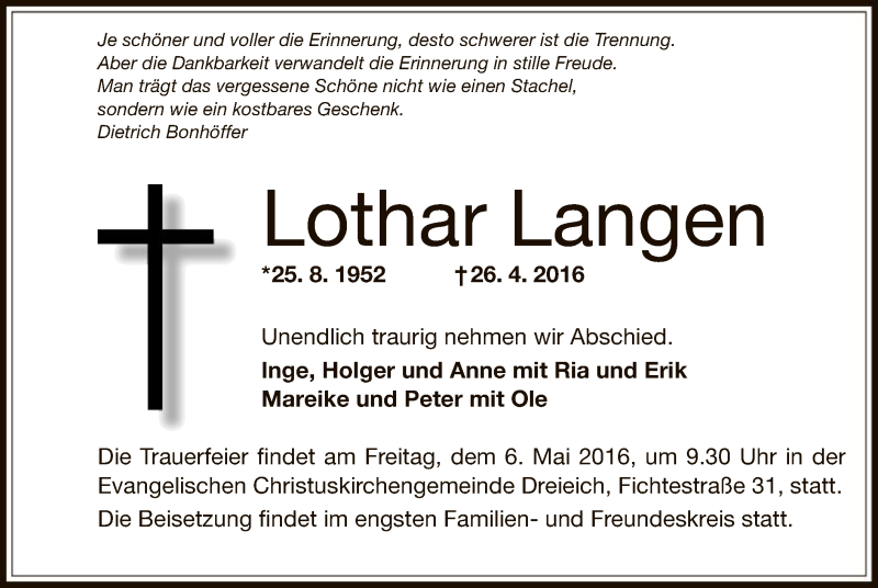  Traueranzeige für Lothar Langen vom 03.05.2016 aus Offenbach