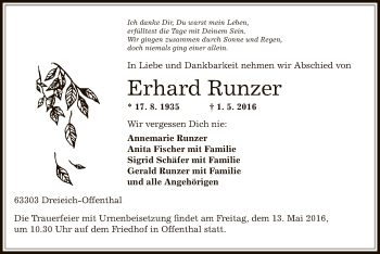 Traueranzeige von Erhard Runzer von Offenbach