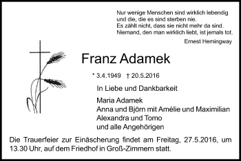 Traueranzeige von Franz Adamek von Offenbach
