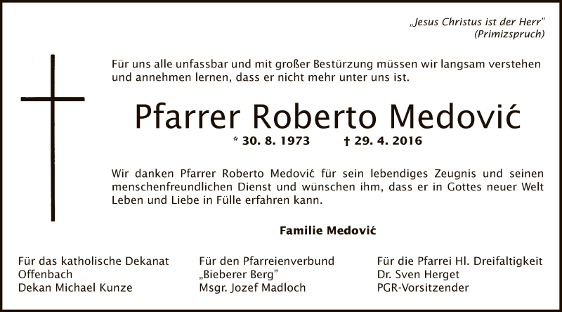  Traueranzeige für Roberto Medovie vom 03.05.2016 aus Offenbach
