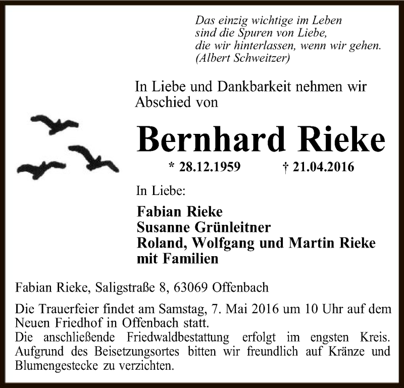  Traueranzeige für Bernhard Rieke vom 02.05.2016 aus Offenbach