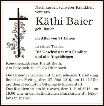 Traueranzeige von Käthi Baier von Offenbach