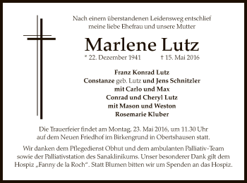 Traueranzeige von Marlene Lutz von Offenbach