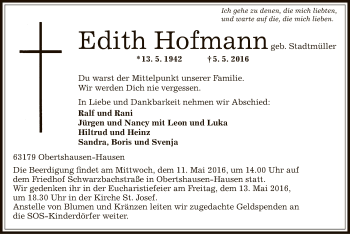 Traueranzeige von Edith Hofmann von Offenbach