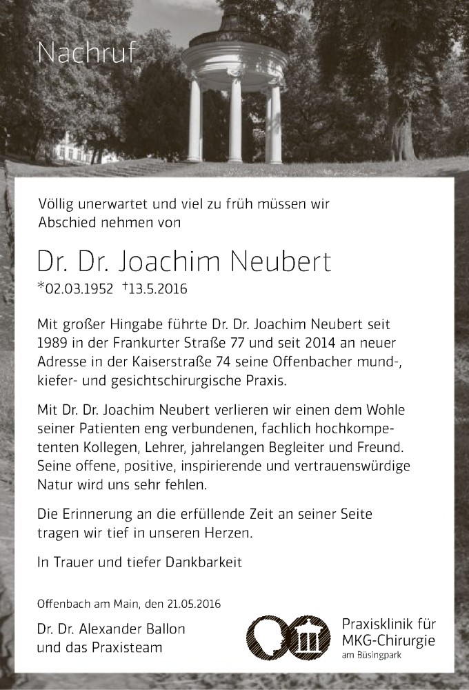  Traueranzeige für Joachim Neubert vom 21.05.2016 aus Offenbach