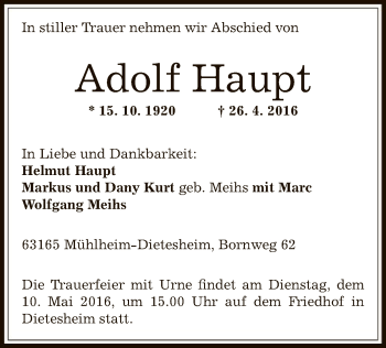 Traueranzeige von Adolf Haupt von Offenbach