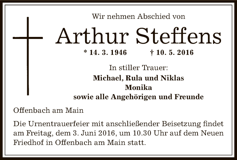  Traueranzeige für Arthur Steffens vom 28.05.2016 aus Offenbach