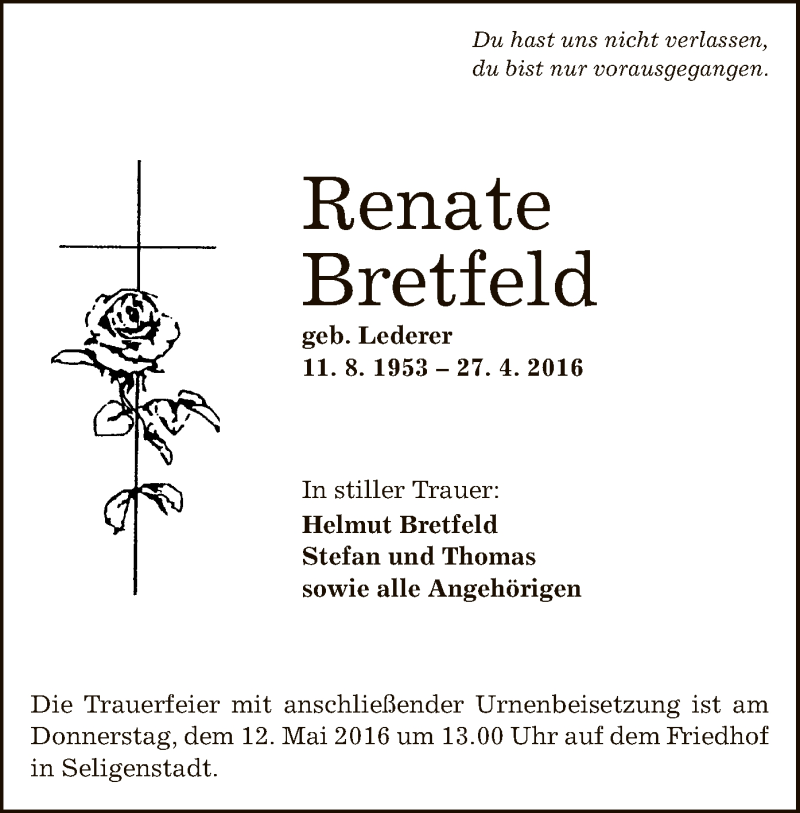  Traueranzeige für Renate Bretfeld vom 04.05.2016 aus Offenbach