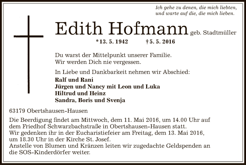  Traueranzeige für Edith Hofmann vom 07.05.2016 aus Offenbach