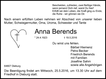 Traueranzeige von Anna Berends von Offenbach