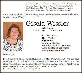 Traueranzeige von Gisela Wissler von Offenbach