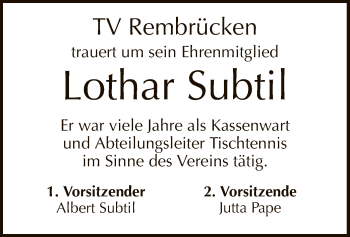 Traueranzeige von Lothar Subtil von Offenbach