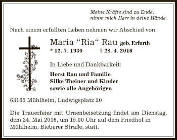 Traueranzeige von Maria Rau von Offenbach