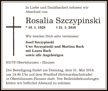 Traueranzeige von Rosalia Szczypinski von Offenbach