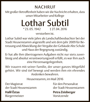 Traueranzeige von Lothar Subtil von Offenbach