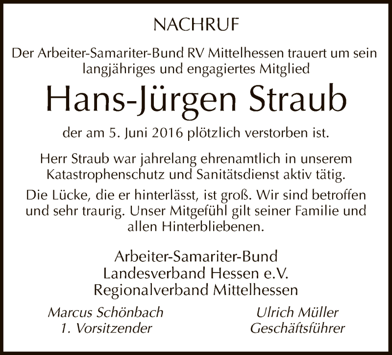  Traueranzeige für Hans-Jürgen Straub vom 09.06.2016 aus Offenbach