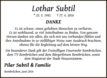 Traueranzeige von Lothar Subtil von Offenbach