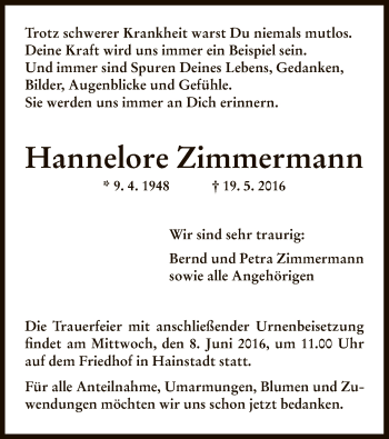 Traueranzeige von Hannelore Zimmermann von Offenbach