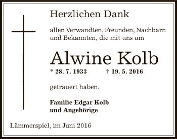 Traueranzeige von Alwine Kolb von Offenbach