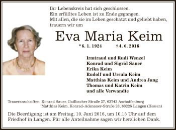 Traueranzeige von Eva Maria Keim von Offenbach