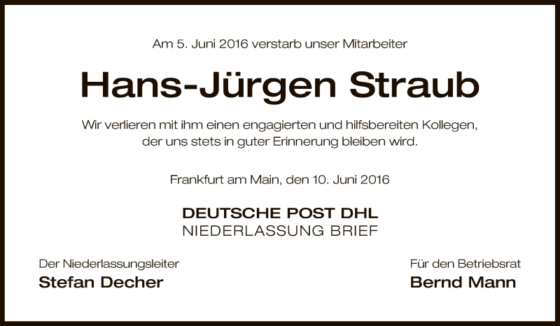  Traueranzeige für Hans-Jürgen Straub vom 10.06.2016 aus Offenbach