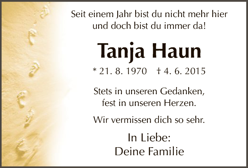  Traueranzeige für Tanja Haun vom 04.06.2016 aus Offenbach