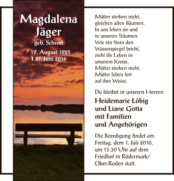 Traueranzeige von Magdalena Jäger von Offenbach