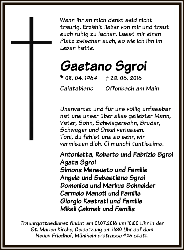  Traueranzeige für Gaetano Sgroi vom 29.06.2016 aus Offenbach