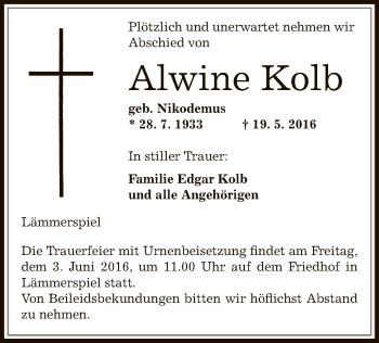 Traueranzeige von Alwine Kolb von Offenbach