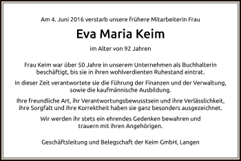 Traueranzeige von Eva Maria Keim von Offenbach