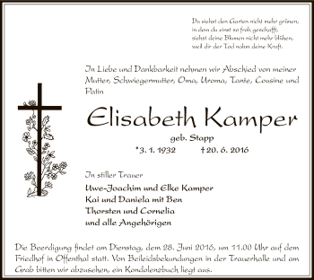 Traueranzeige von Elisabeth Kamper von Offenbach