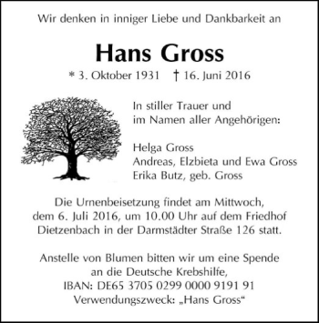 Traueranzeige von Hans Gross von Offenbach