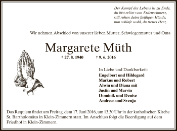 Traueranzeige von Margarete Müth von Offenbach