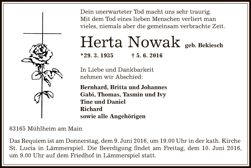  Traueranzeige für Herta Nowak vom 08.06.2016 aus Offenbach