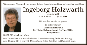 Traueranzeige von Ingeborg Holzwarth von Offenbach