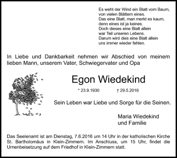 Traueranzeige von Egon Wiedekind von Offenbach