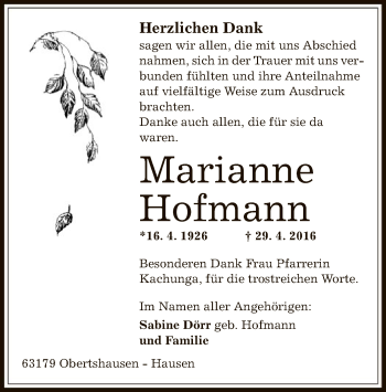 Traueranzeige von Marianne Hofmann von Offenbach