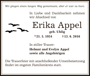 Traueranzeige von Erika Appel von Offenbach