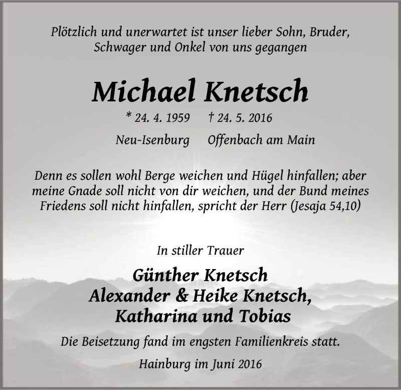  Traueranzeige für Michael Knetsch vom 15.06.2016 aus Offenbach