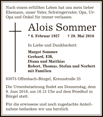 Traueranzeige von Alois Sommer von Offenbach