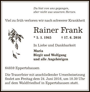 Traueranzeige von Rainer Frank von Offenbach